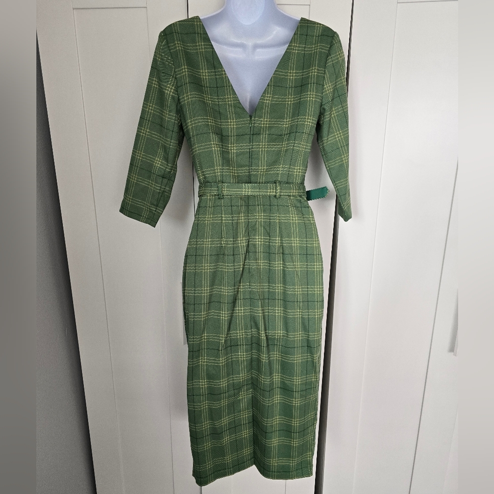 NWOT Collectif Adaline Leaf Check Green Plaid Fitted Wiggle Dress - Picture 13 of 15